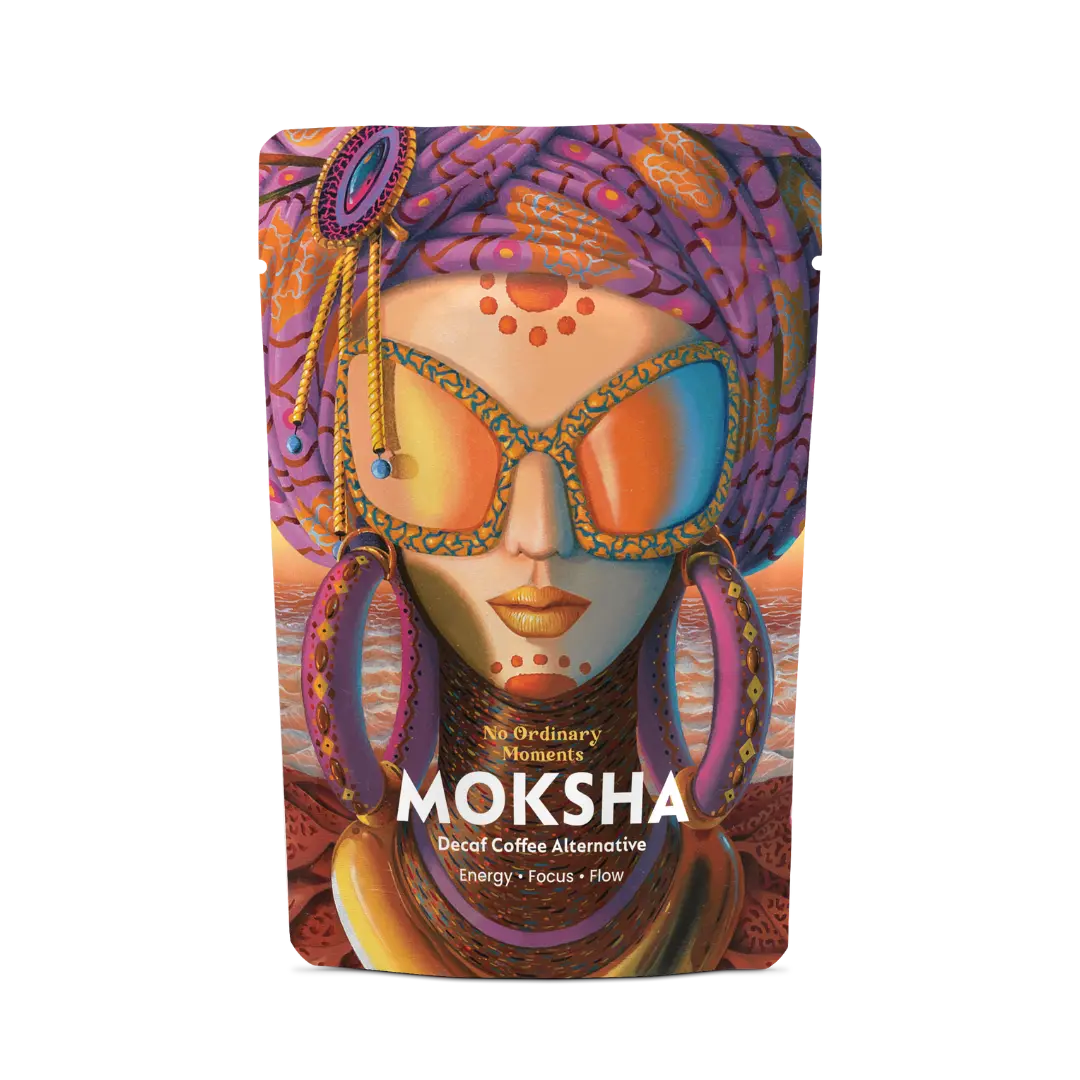Packaging of Moksha, a caffeine-free coffee alternative superlatte