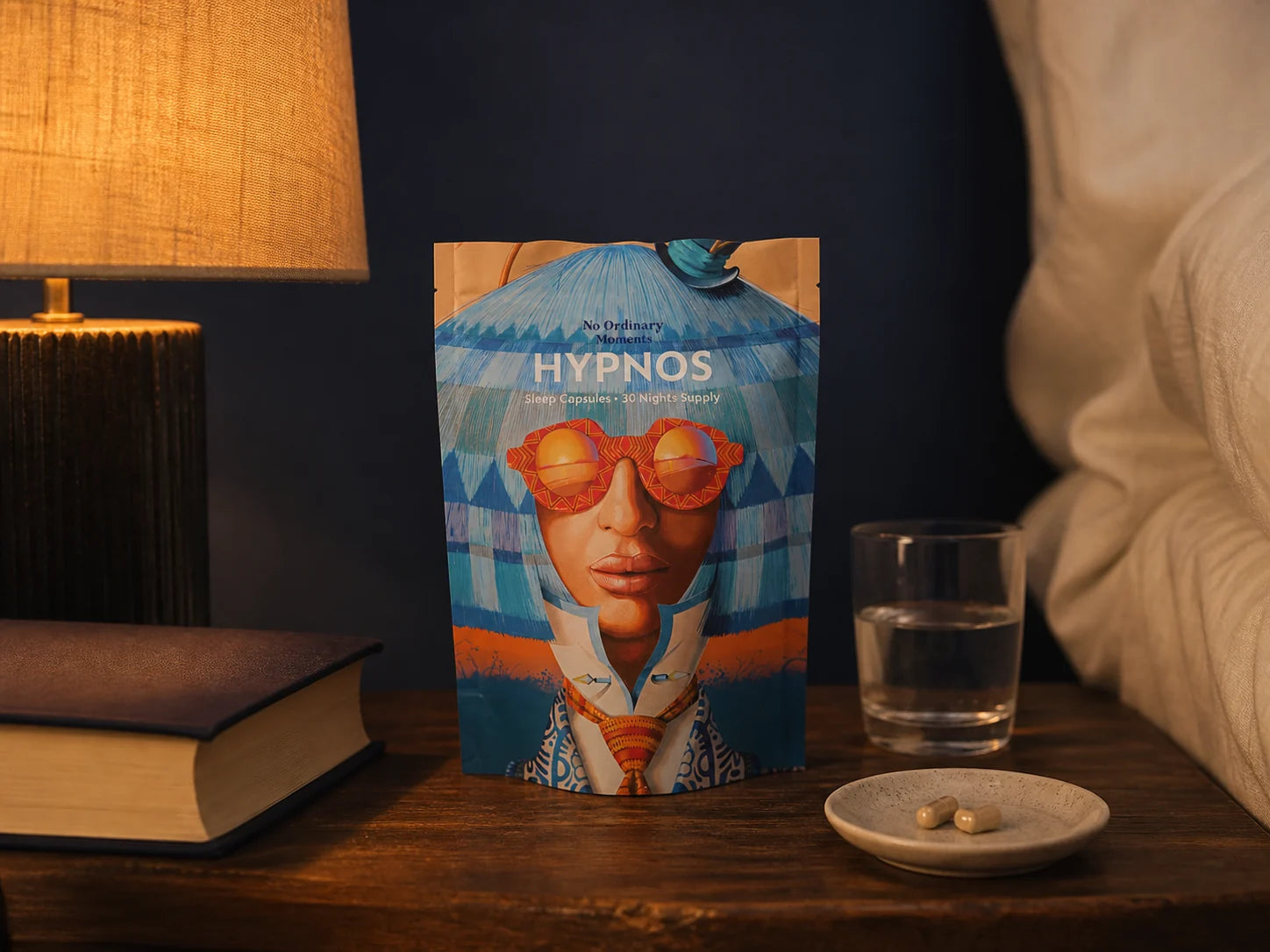 Hypnos Capsules beside two capsules and a glass of water on a bedside table