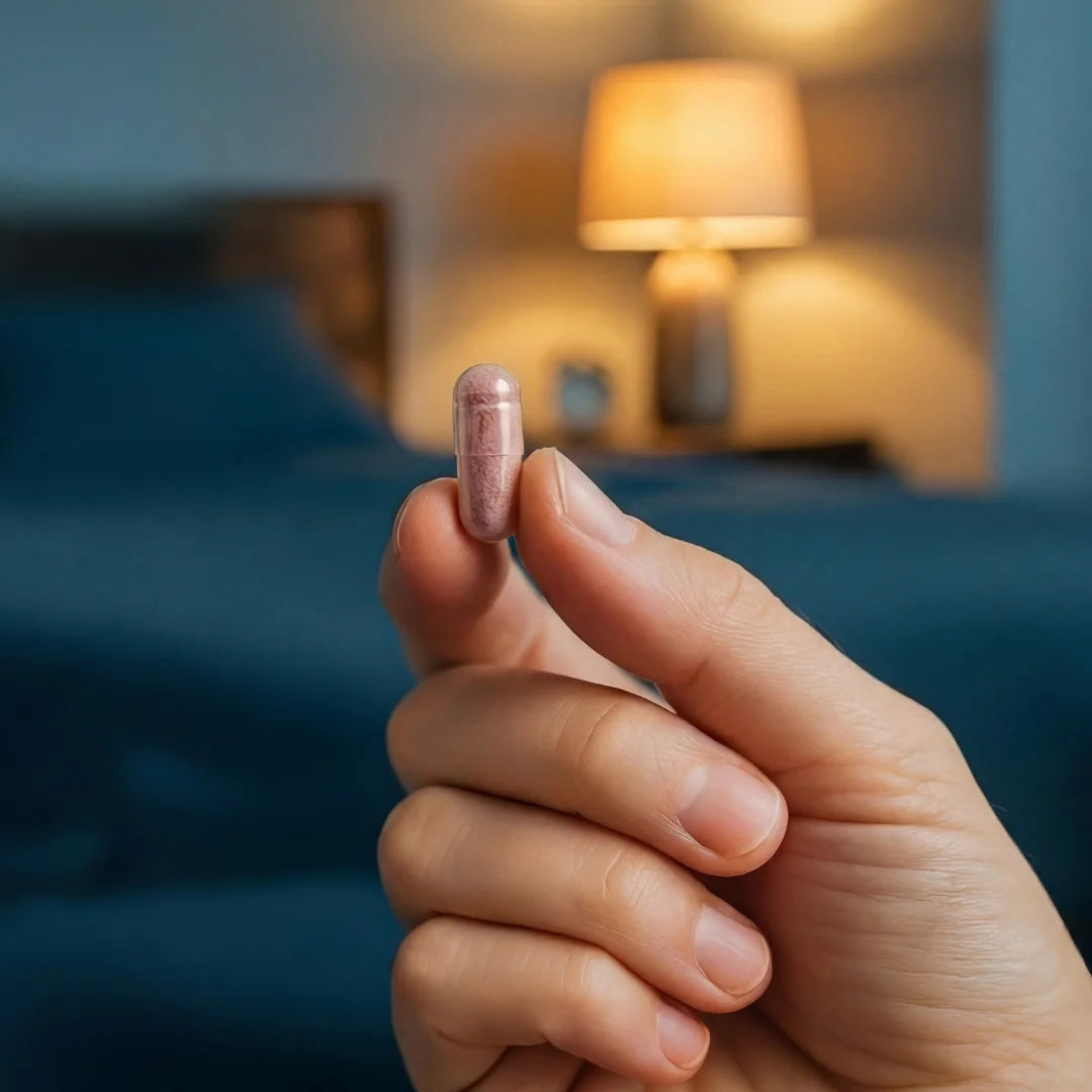 A Hypnos sleep capsule held beside a softly lit bed